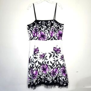 LAURA Black White & Purple Floral Dress w/ a black tulle trim